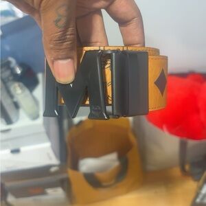 MCM Cognac Tan Monogram Leather Belt with Matte Black M Buckle